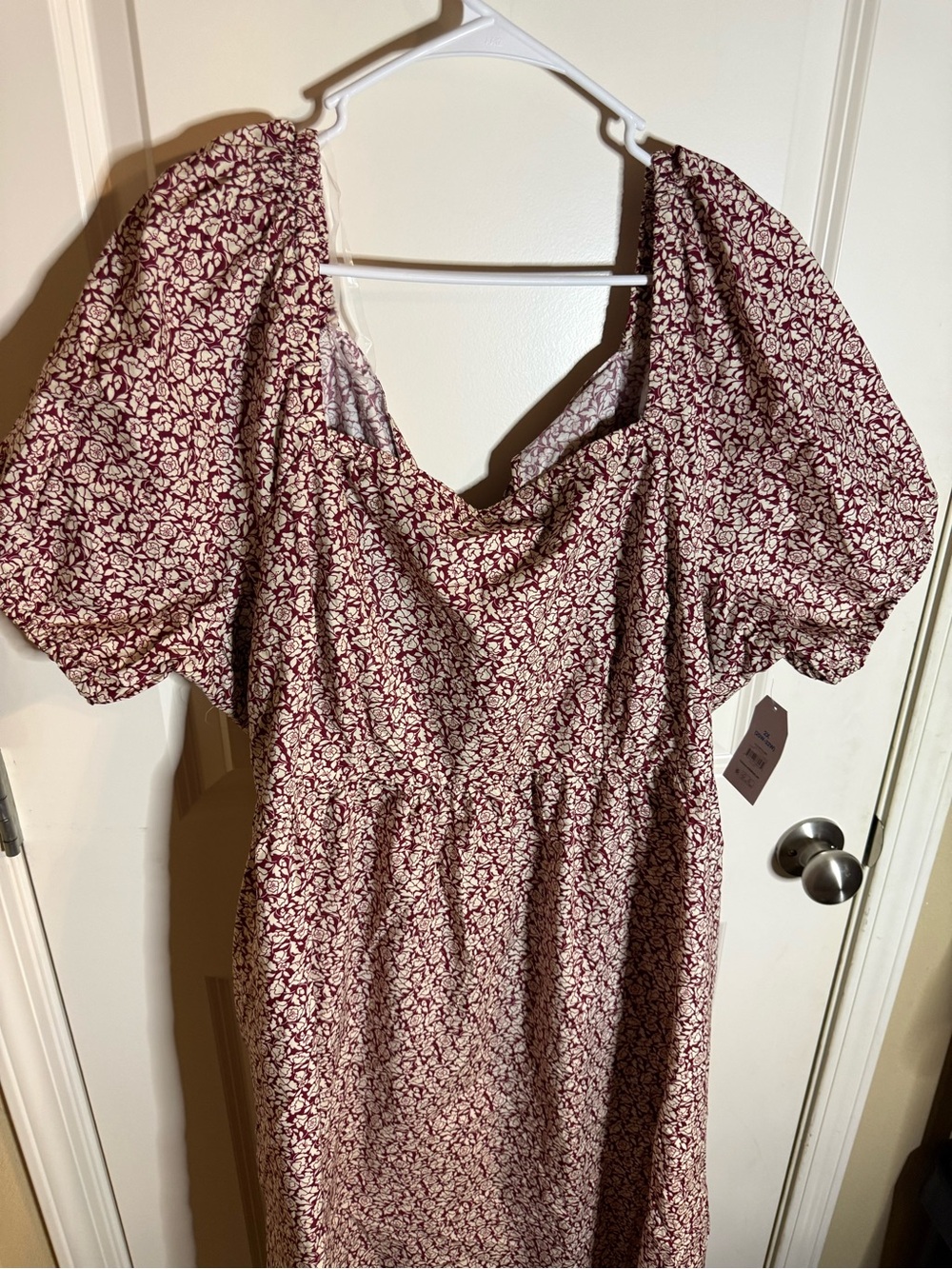 Time and Tru Floral Puff Sleeve Midi Dress Burgundy Cream 2X NWT
